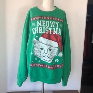 Meowy Christmas Hello ugly Christmas sweatshirt green novelty cat ugly sweater